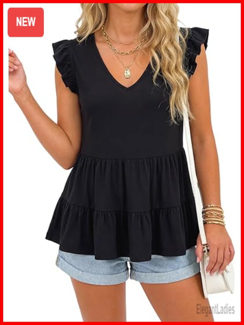 V Neck Sleeveless Babydoll Tank Top with Ruffle Hem Peplum Blouse Dressy Casual